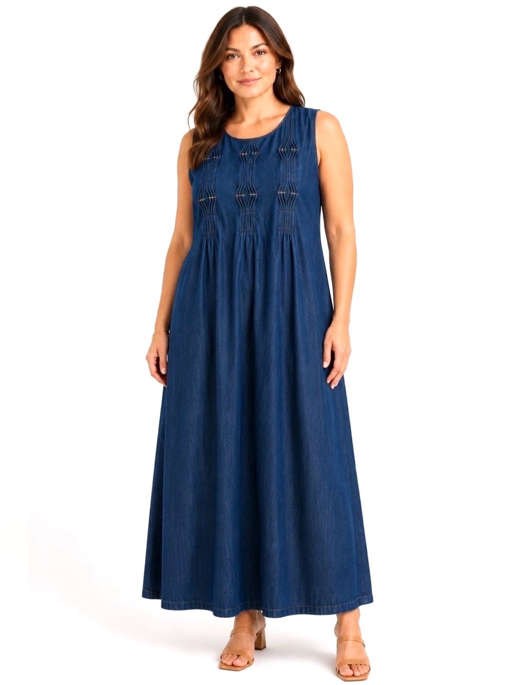 Vintage Denim Maxi Dress 100% Cotton Pintuck Embroidered Boho Cottagecore 14